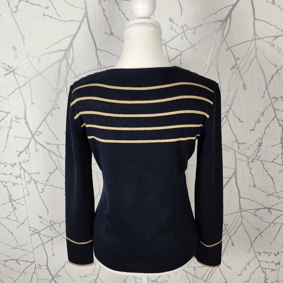 Alain Manoukian Navy Gold Stripe 49% Merino Wool Knit Sweater - Picture 6 of 8